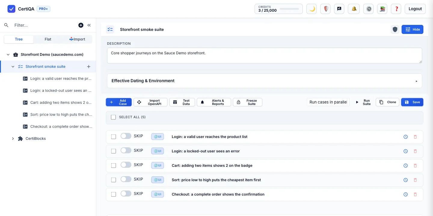 The Storefront smoke suite in CertiQA listing five UI test cases: valid login, locked-out login, cart badge, sort by price and checkout